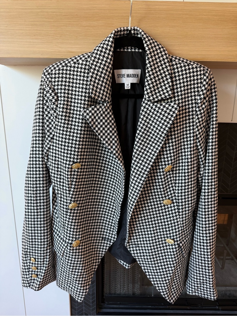 Steve Madden Black & White Houndstooth Double-Breasted Blazer